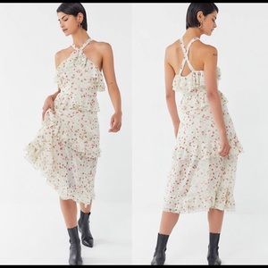 UO Sacramento Tiered Ruffle Cross-Back Midi Dress